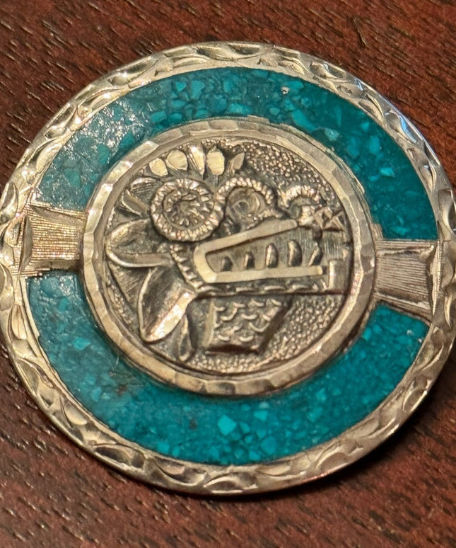 Vintage sterling silver 925 TAXCO Turquoise Aztec Mayan Mexico pendant brooch