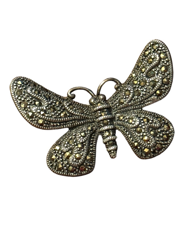 Vintage large Sterling silver 925 antiqued ornate Marcasite butterfly brooch
