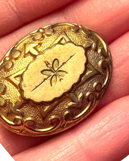 Victorian Antique art deco ornate oval Gold filled brooch