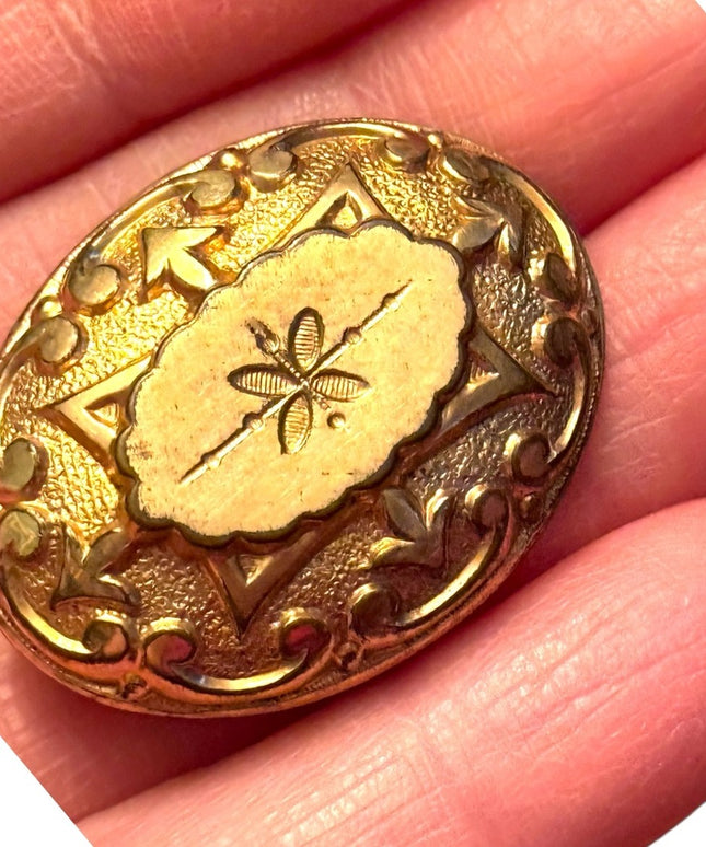 Victorian Antique art deco ornate oval Gold filled brooch