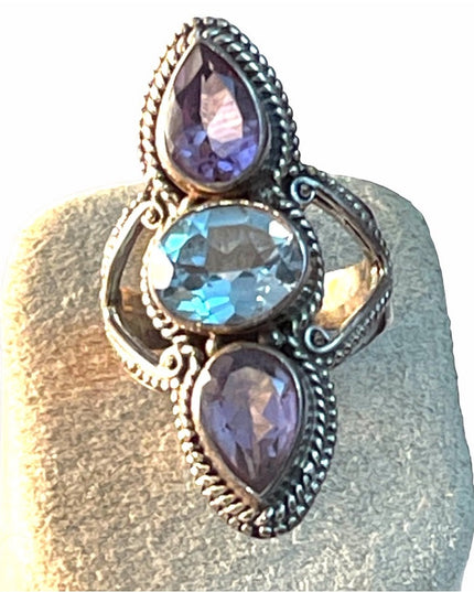 Vintage Sterling oblong amethyst topaz ornate ring Bali