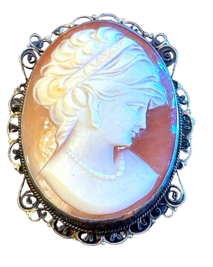 Vintage 800 silver antiqued large carved shell cameo brooch pendant