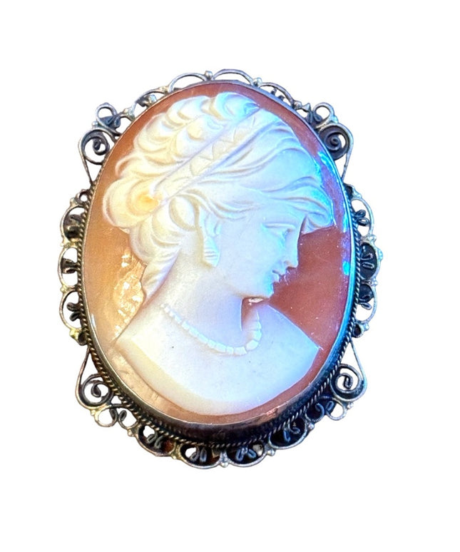 Vintage 800 silver antiqued large carved shell cameo brooch pendant