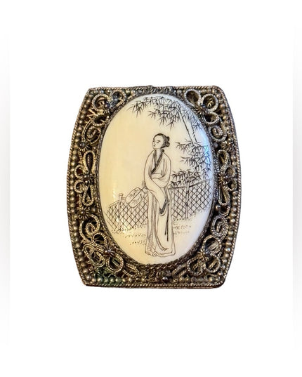 Antique Chinese export Scrimshaw  antiqued Silver Filigree Brooch