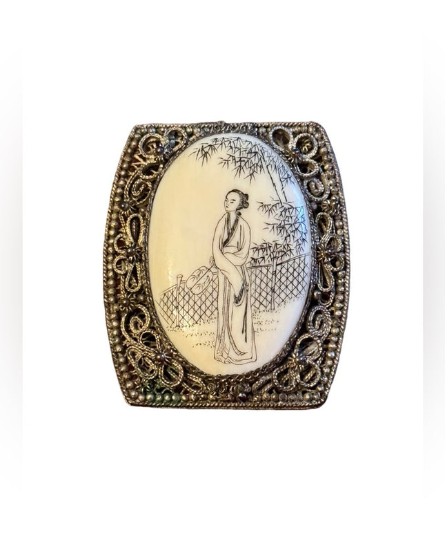 Antique Chinese export Scrimshaw  antiqued Silver Filigree Brooch