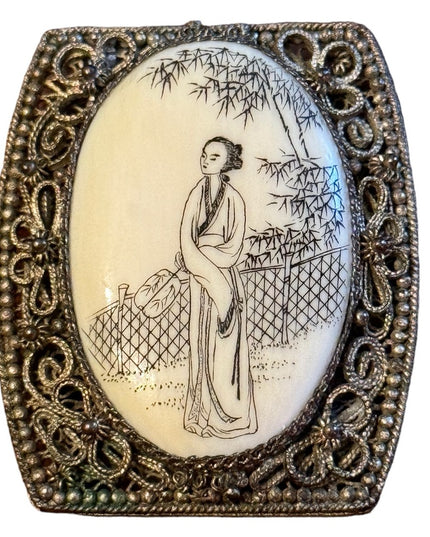 Antique Chinese export Scrimshaw  antiqued Silver Filigree Brooch