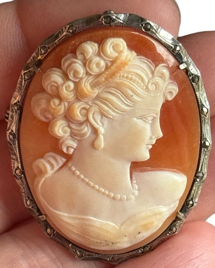 Vintage sterling silver 925 carved cameo large brooch pendant