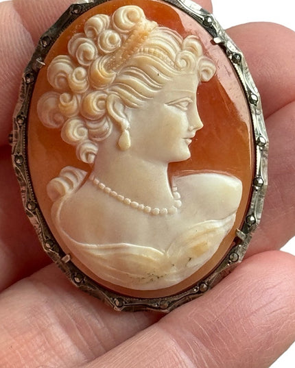 Vintage sterling silver 925 carved cameo large brooch pendant