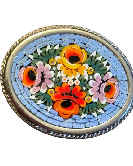 Vintage Italian Italy Micro Mosaic flowers glass oval brooch silver metal finish