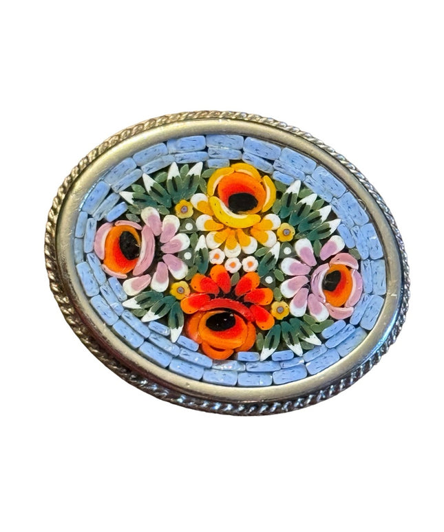Vintage Italian Italy Micro Mosaic flowers glass oval brooch silver metal finish