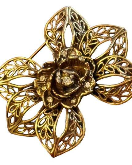 Vintage gold antiqued filagree flower design brooch