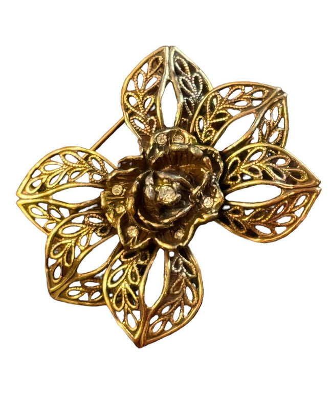 Vintage gold antiqued filagree flower design brooch