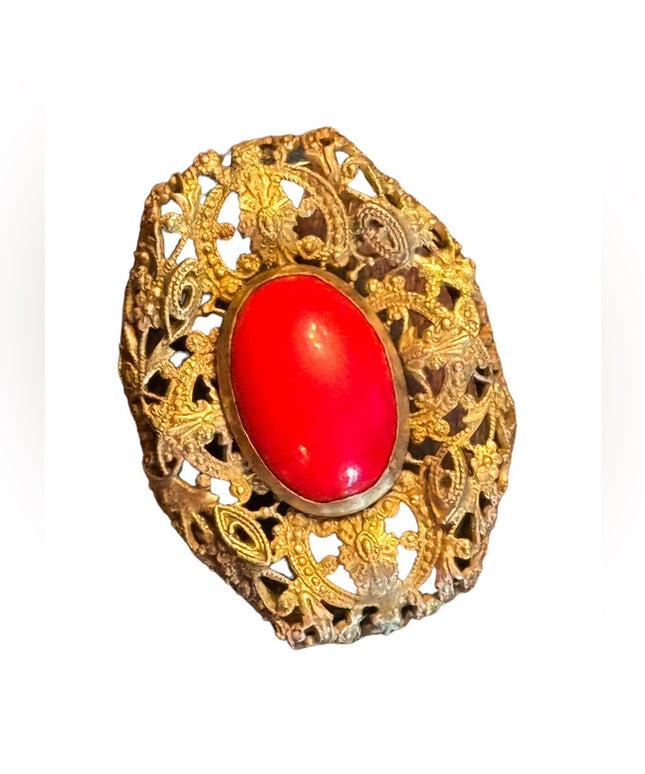 Vintage 1940s ornate filagree coral CZECH gold finish brooch