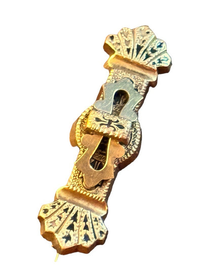 Antique Gold Filled Victorian Etruscan Taille D'Epargne black Enamel Bar Brooch
