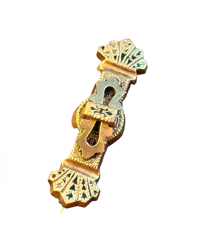 Antique Gold Filled Victorian Etruscan Taille D'Epargne black Enamel Bar Brooch