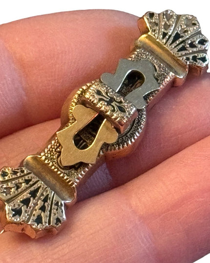 Antique Gold Filled Victorian Etruscan Taille D'Epargne black Enamel Bar Brooch