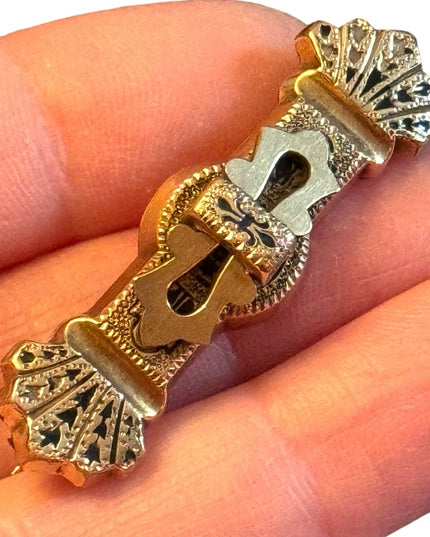 Antique Gold Filled Victorian Etruscan Taille D'Epargne black Enamel Bar Brooch