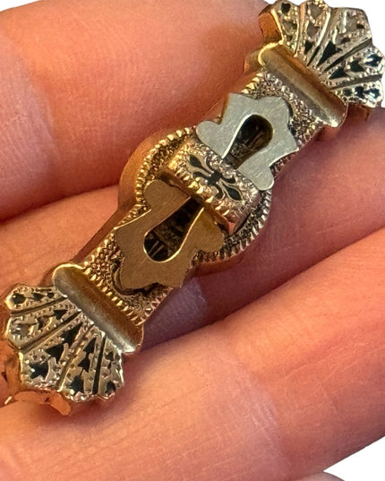 Antique Gold Filled Victorian Etruscan Taille D'Epargne black Enamel Bar Brooch