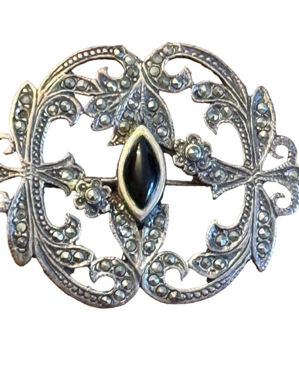 Sterling silver 925 marcasite black onyx art deco style brooch