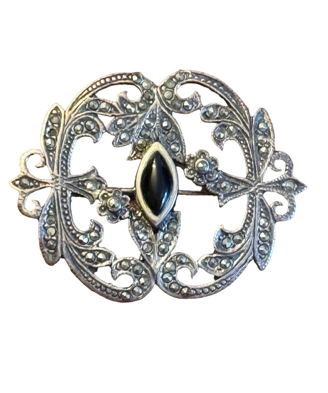 Sterling silver 925 marcasite black onyx art deco style brooch