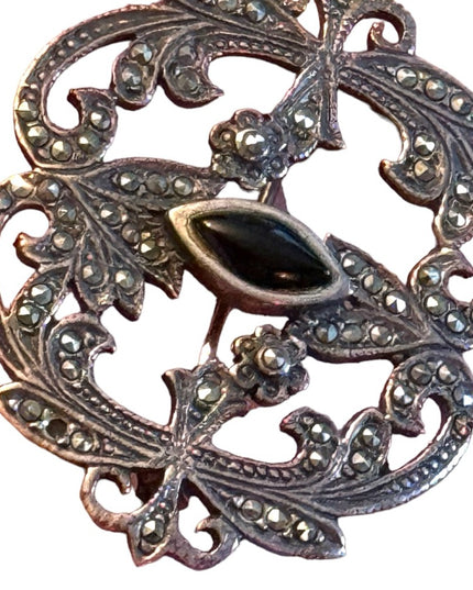 Sterling silver 925 marcasite black onyx art deco style brooch