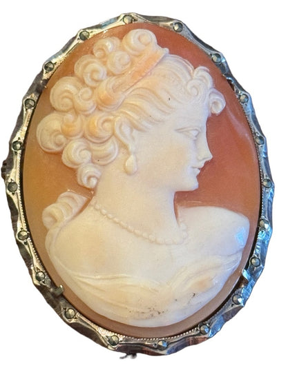 Vintage sterling silver 925 carved cameo large brooch pendant