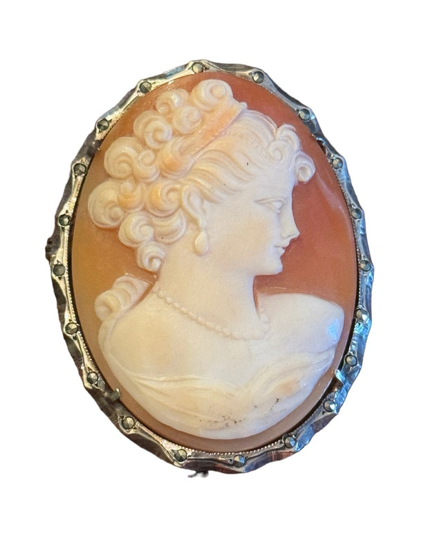 Vintage sterling silver 925 carved cameo large brooch pendant