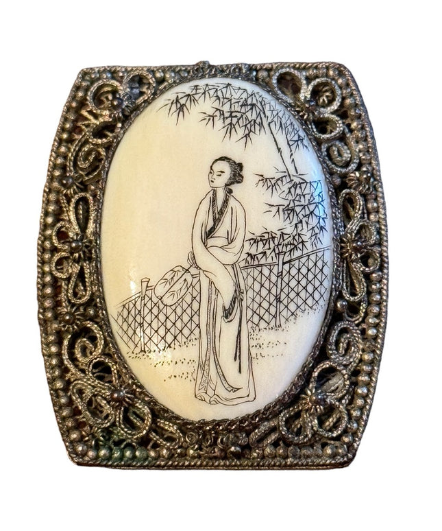 Antique Chinese export Scrimshaw  antiqued Silver Filigree Brooch