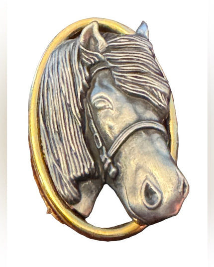 Vintage pewter & gold finish ornate design horse brooch