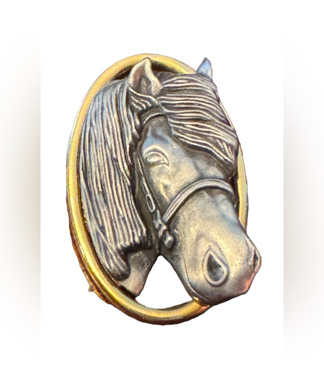 Vintage pewter & gold finish ornate design horse brooch