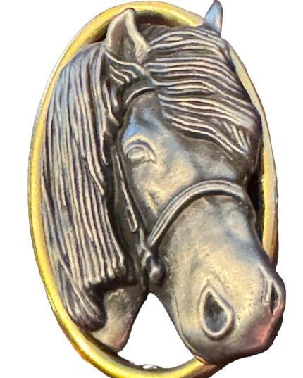 Vintage pewter & gold finish ornate design horse brooch