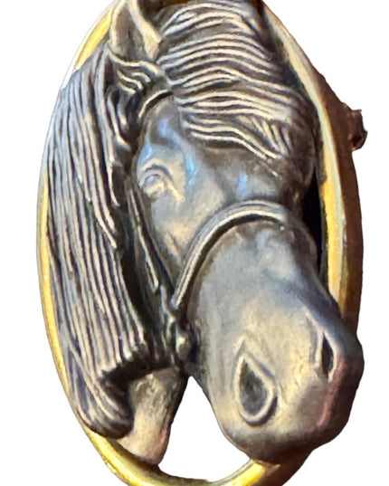 Vintage pewter & gold finish ornate design horse brooch