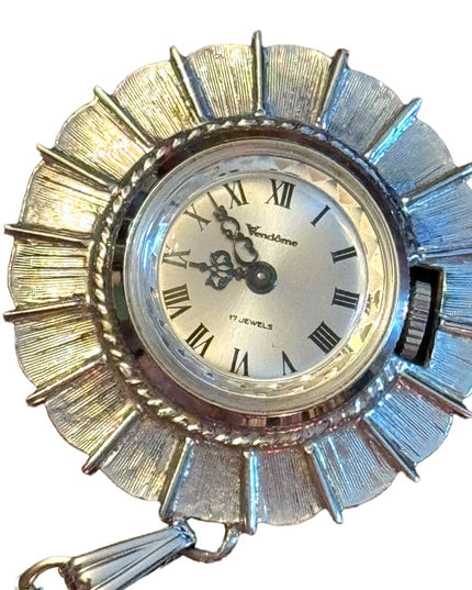 Vintage 1960s silver finish Vendome Wind up necklace warch starburst design