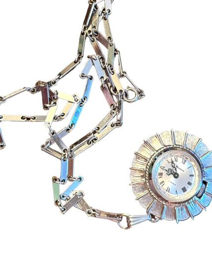 Vintage 1960s silver finish Vendome Wind up necklace warch starburst design