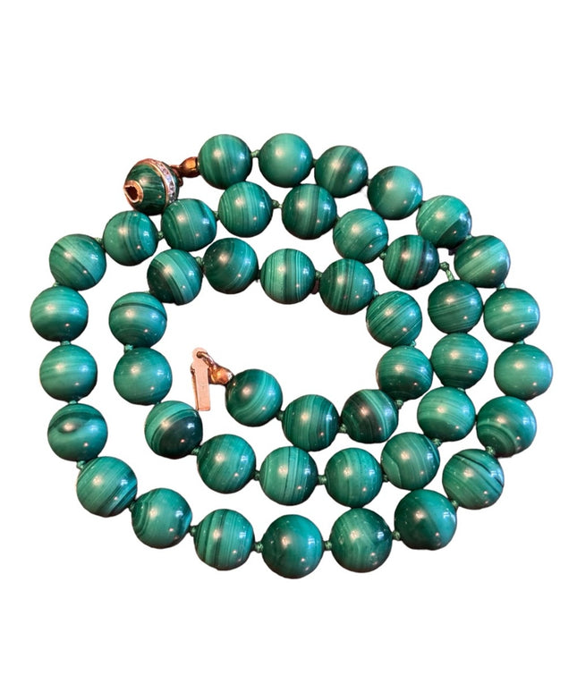 Vintage Malachite stone bead necklace with 9k Gold