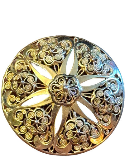 Gold plate sterling silver 925 Germany filagree flower lg round domed brooch