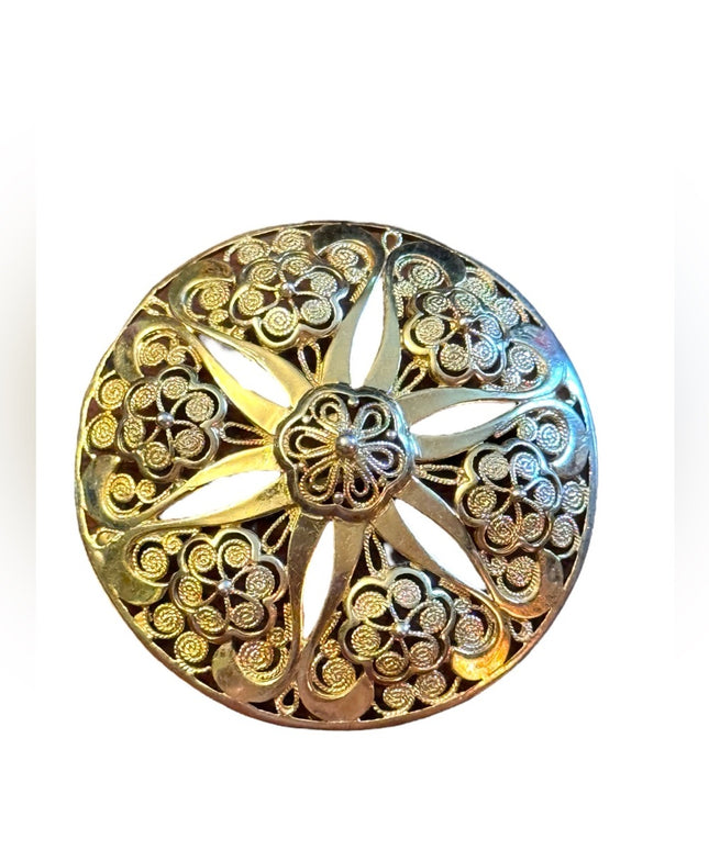 Gold plate sterling silver 925 Germany filagree flower lg round domed brooch
