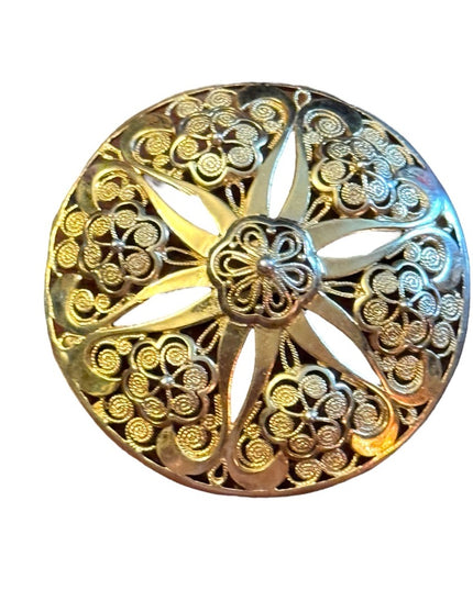 Gold plate sterling silver 925 Germany filagree flower lg round domed brooch
