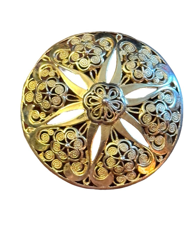 Gold plate sterling silver 925 Germany filagree flower lg round domed brooch
