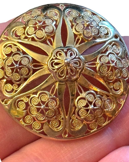 Gold plate sterling silver 925 Germany filagree flower lg round domed brooch