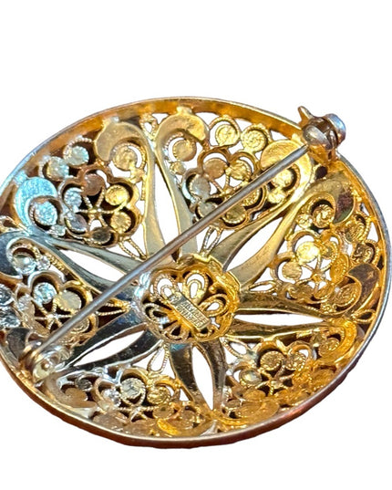 Gold plate sterling silver 925 Germany filagree flower lg round domed brooch