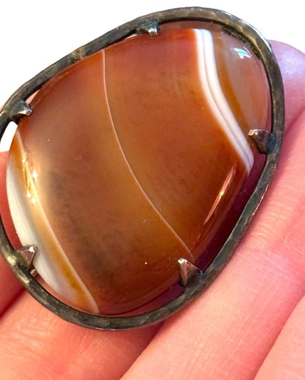 Antique sterling silver Scottish banded agate stone fancy brooch