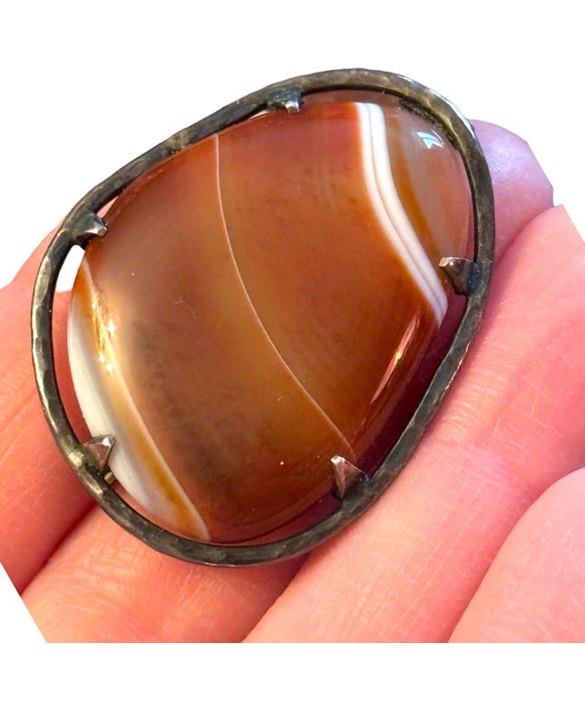 Antique sterling silver Scottish banded agate stone fancy brooch
