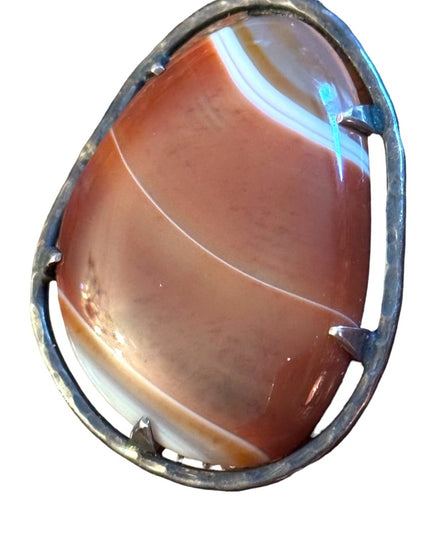 Antique sterling silver Scottish banded agate stone fancy brooch