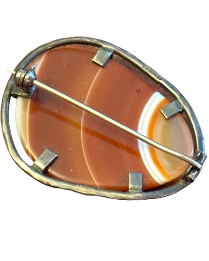 Antique sterling silver Scottish banded agate stone fancy brooch