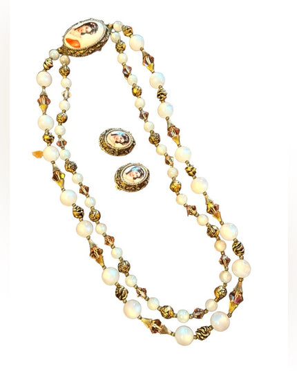 Mid Century vintage LIMOGES Necklace & Eareings SET cryatals gold art deco style