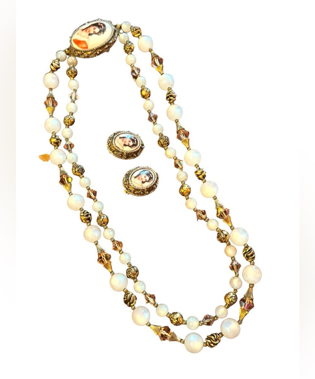 Mid Century vintage LIMOGES Necklace & Eareings SET cryatals gold art deco style