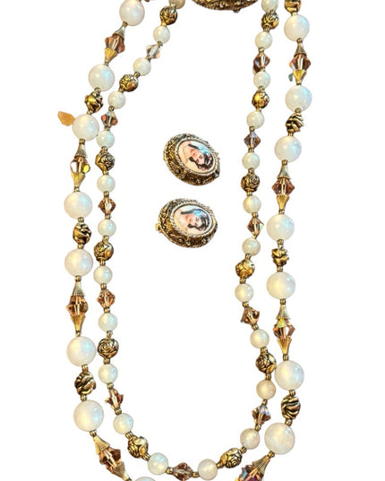 Mid Century vintage LIMOGES Necklace & Eareings SET cryatals gold art deco style