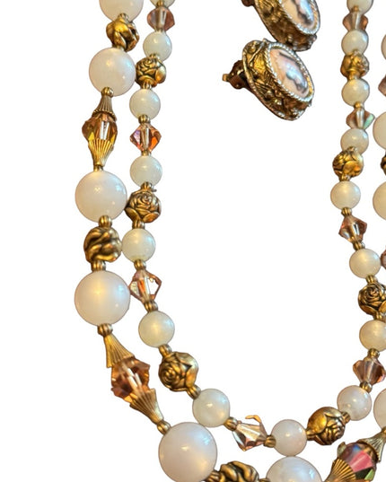 Mid Century vintage LIMOGES Necklace & Eareings SET cryatals gold art deco style