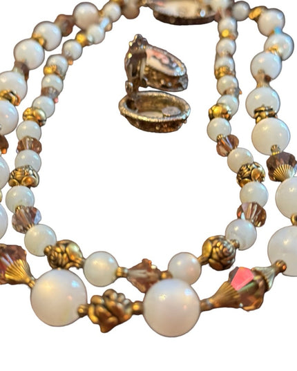 Mid Century vintage LIMOGES Necklace & Eareings SET cryatals gold art deco style